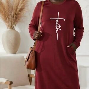 Stylish deep wine long sleeve dress featuring a 'Faith' graphic.